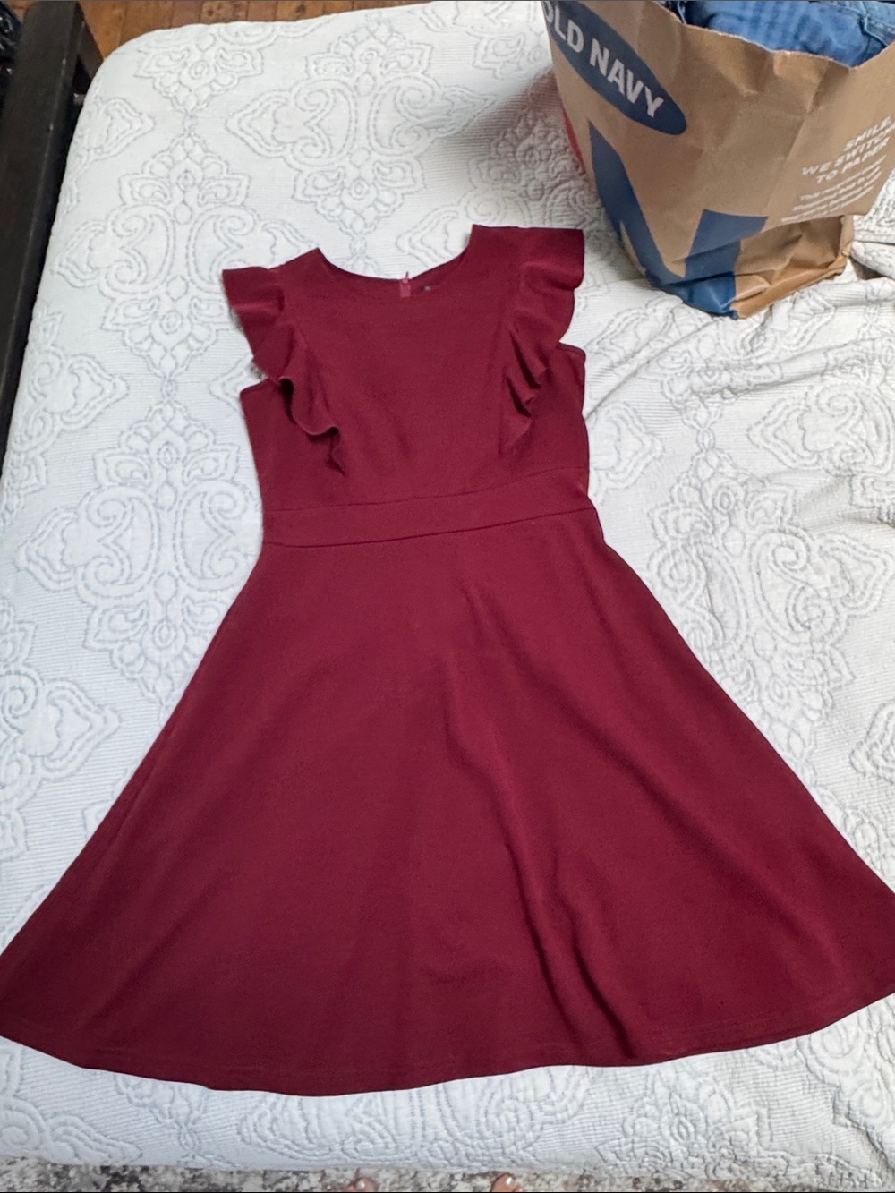 Burgundy Ruffle-Sleeve Fit & Flare Dress